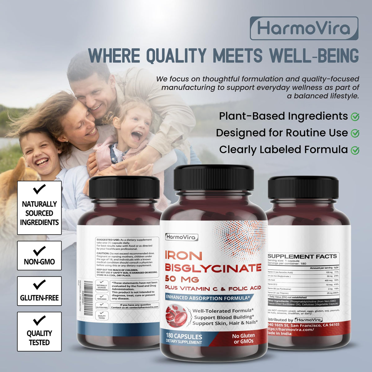 HarmoVira Fer Bisglycinate 50 mg flacon avec étiquette en gros plan