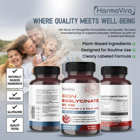HarmoVira Fer Bisglycinate 50 mg flacon avec étiquette en gros plan