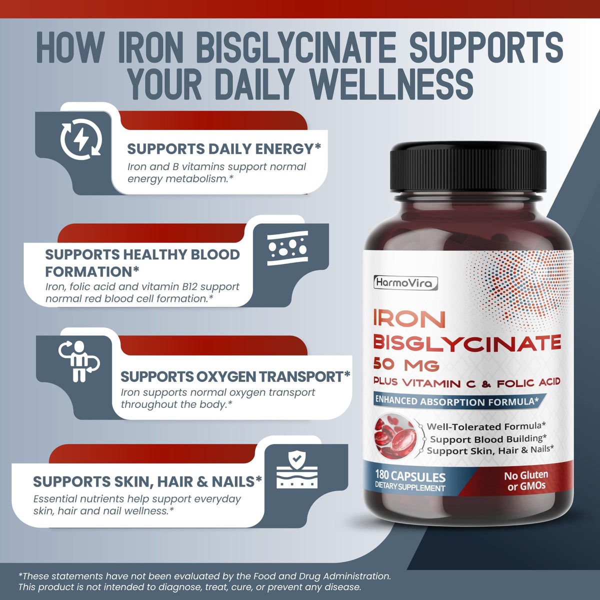 HarmoVira Fer Bisglycinate 50 mg ingrédients sur l'étiquette