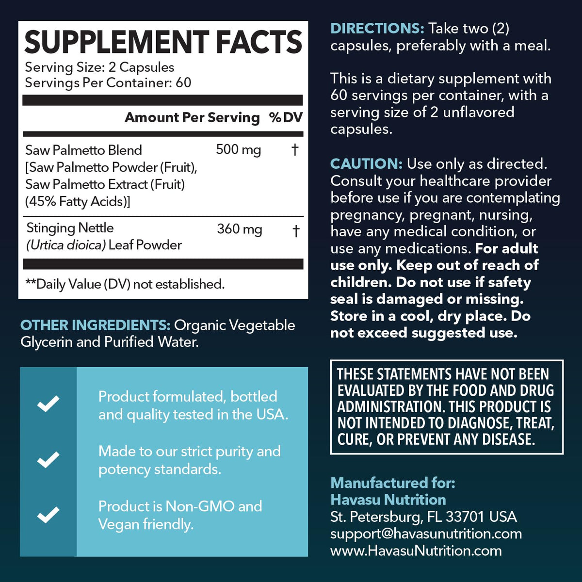 HAVASU NUTRITION Complément Saw Palmetto et Racine d'Urtiquaire, boîte et capsules
