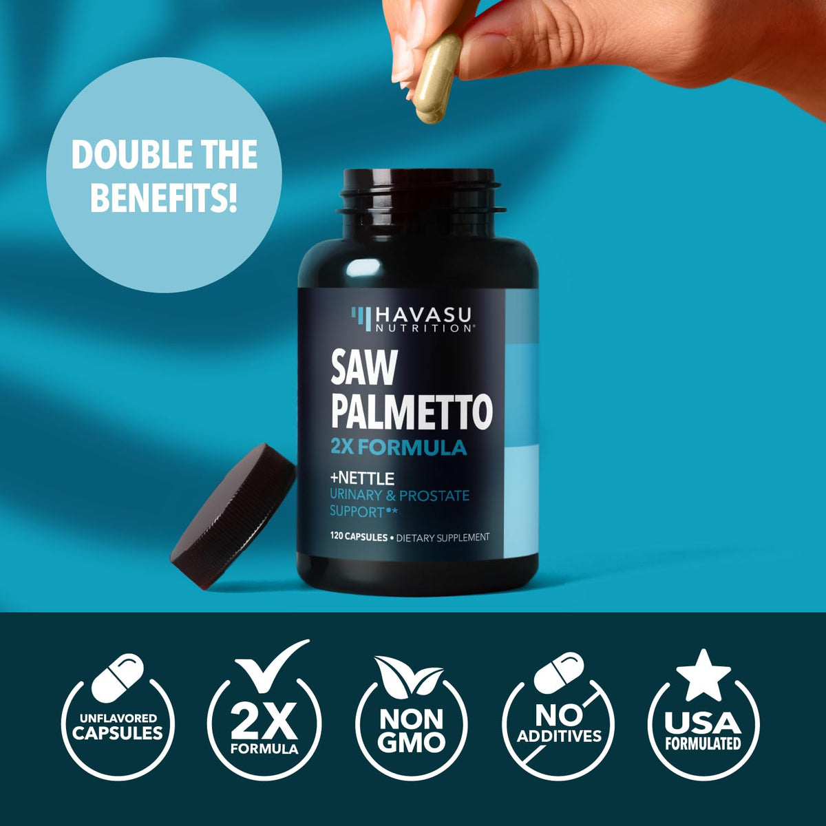 HAVASU NUTRITION Complément Saw Palmetto et Racine d'Urtiquaire, capsules sur une table en bois