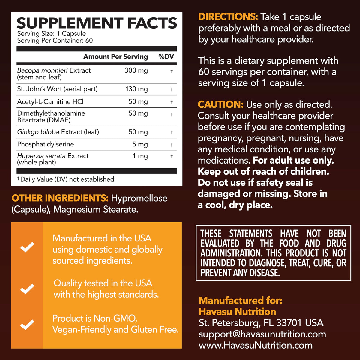 HAVASU NUTRITION NeuroIGNITE étiquette avec ingrédients détaillés