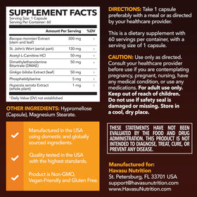 HAVASU NUTRITION NeuroIGNITE étiquette avec ingrédients détaillés