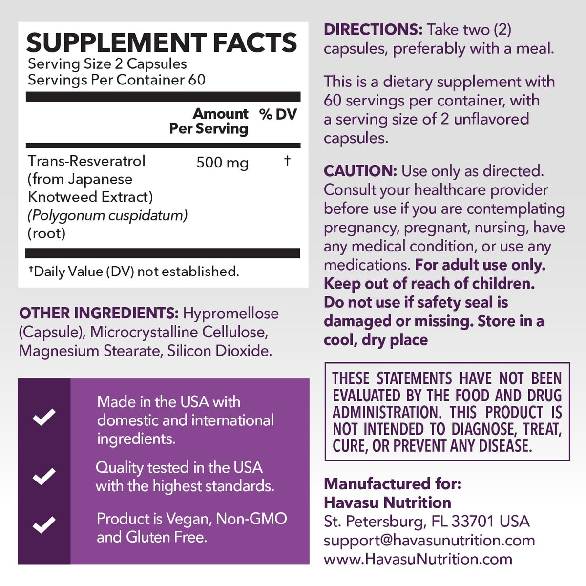HAVASU NUTRITION Resveratrol 500mg 120 Capsules - Side view