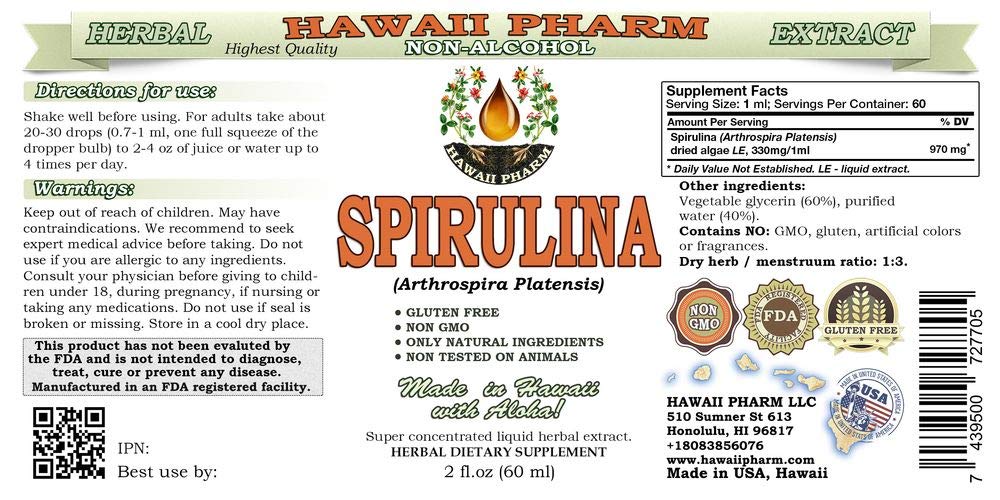 Hawaii Pharm Spirulina extrait liquide sans alcool 60 ml arrière avec étiquettes