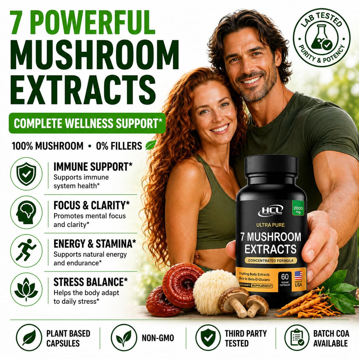 HCL HERBAL CODE LABS Champignons capsules avec des herbes en arrière-plan