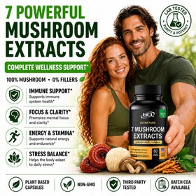 HCL HERBAL CODE LABS Champignons capsules avec des herbes en arrière-plan