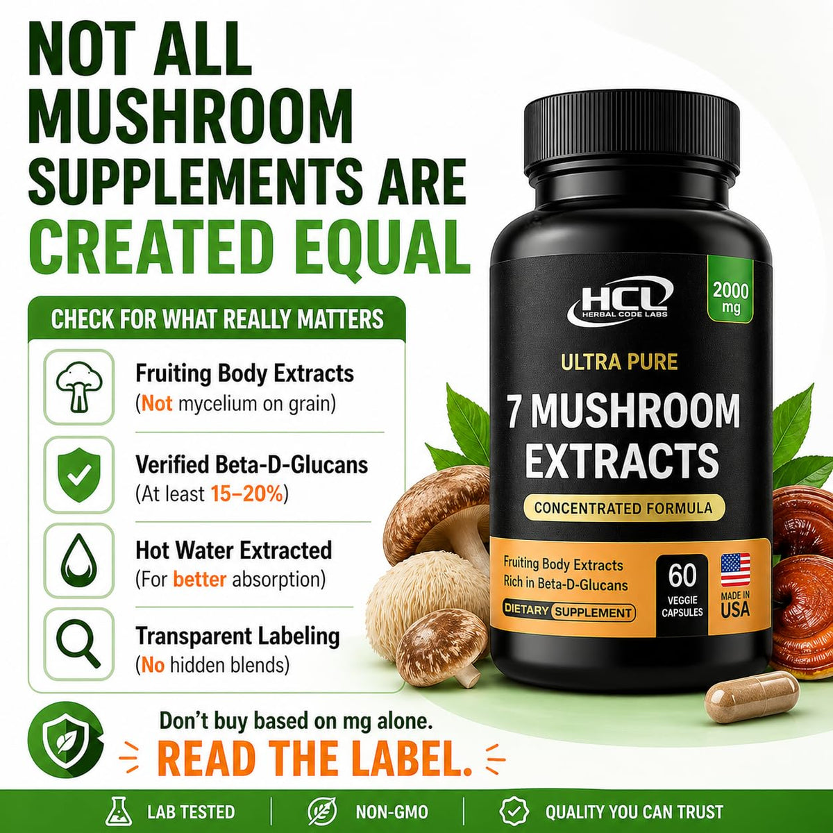 HCL HERBAL CODE LABS Champignons en poudre à côté des capsules