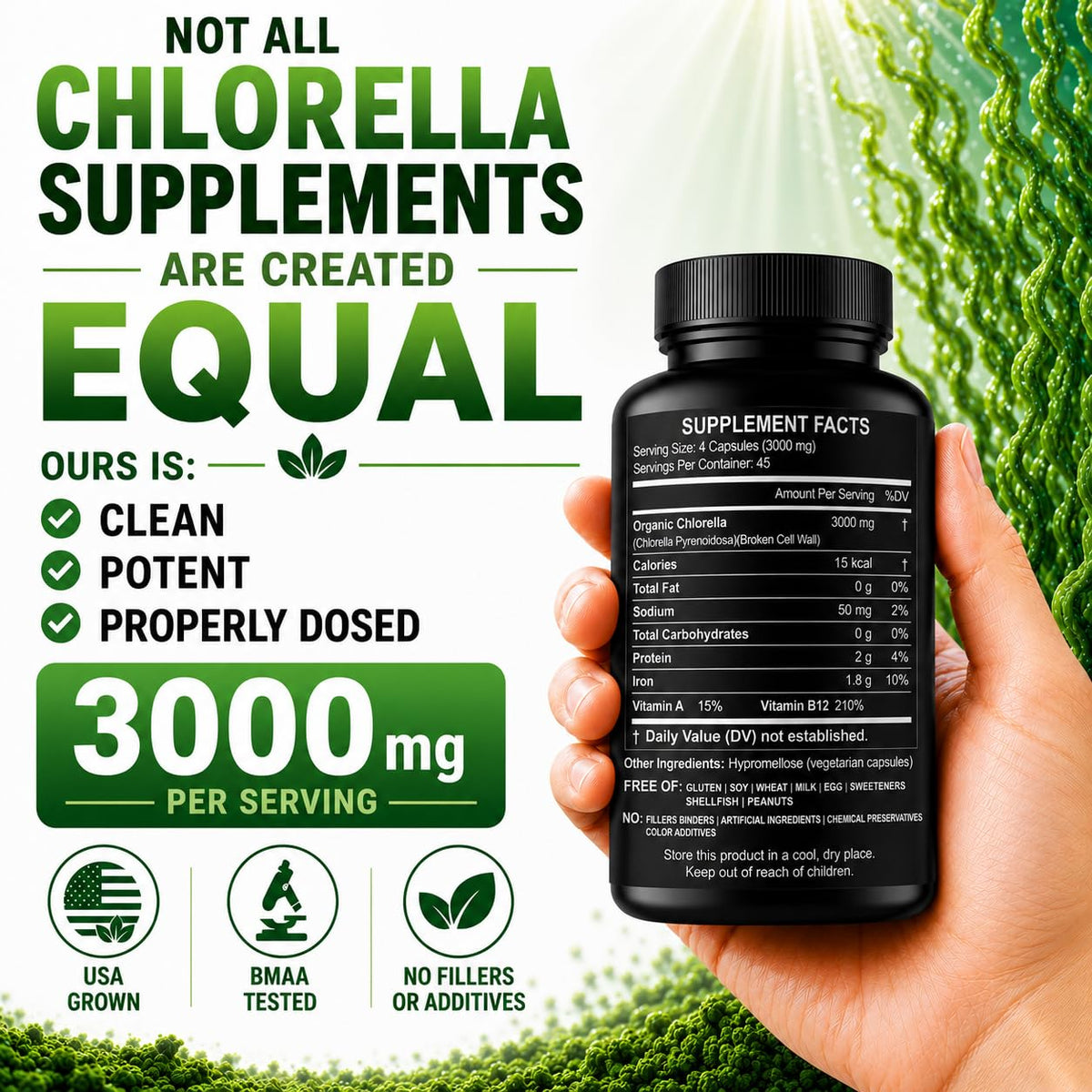 HCL HERBAL CODE LABS Chlorella Capsules 3000 mg bottle side view