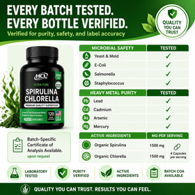 HCL HERBAL CODE LABS Chlorella Spirulina capsules in a glass of water