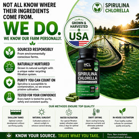 HCL HERBAL CODE LABS Chlorella Spirulina capsules on a wooden table