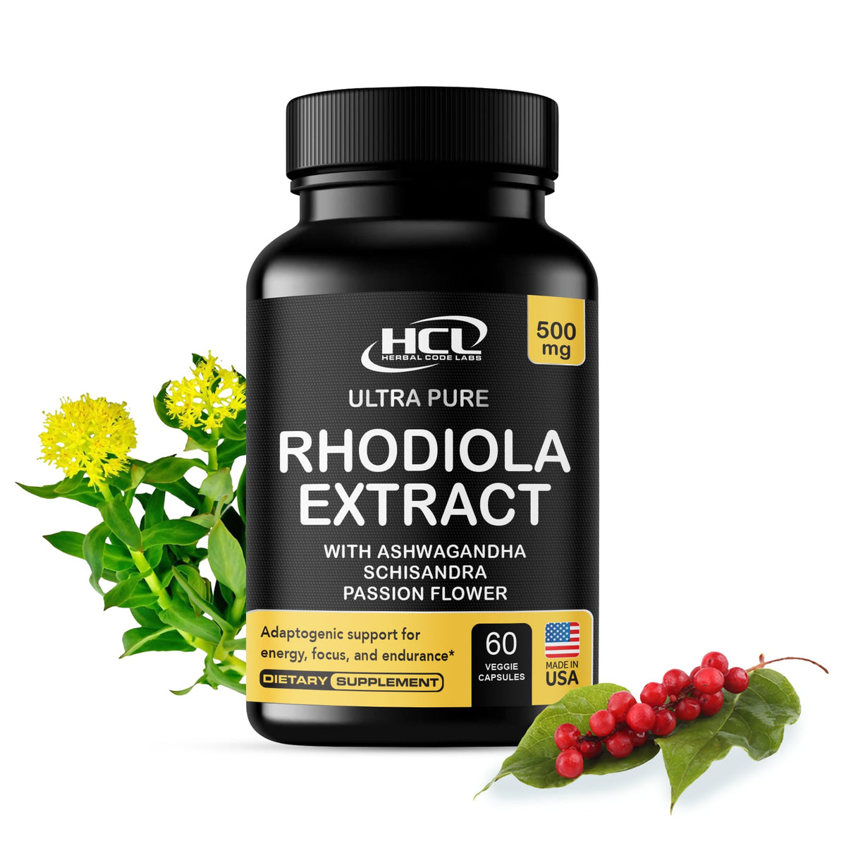 HCL HERBAL CODE LABS Rhodiola Rosea 500mg capsules front view