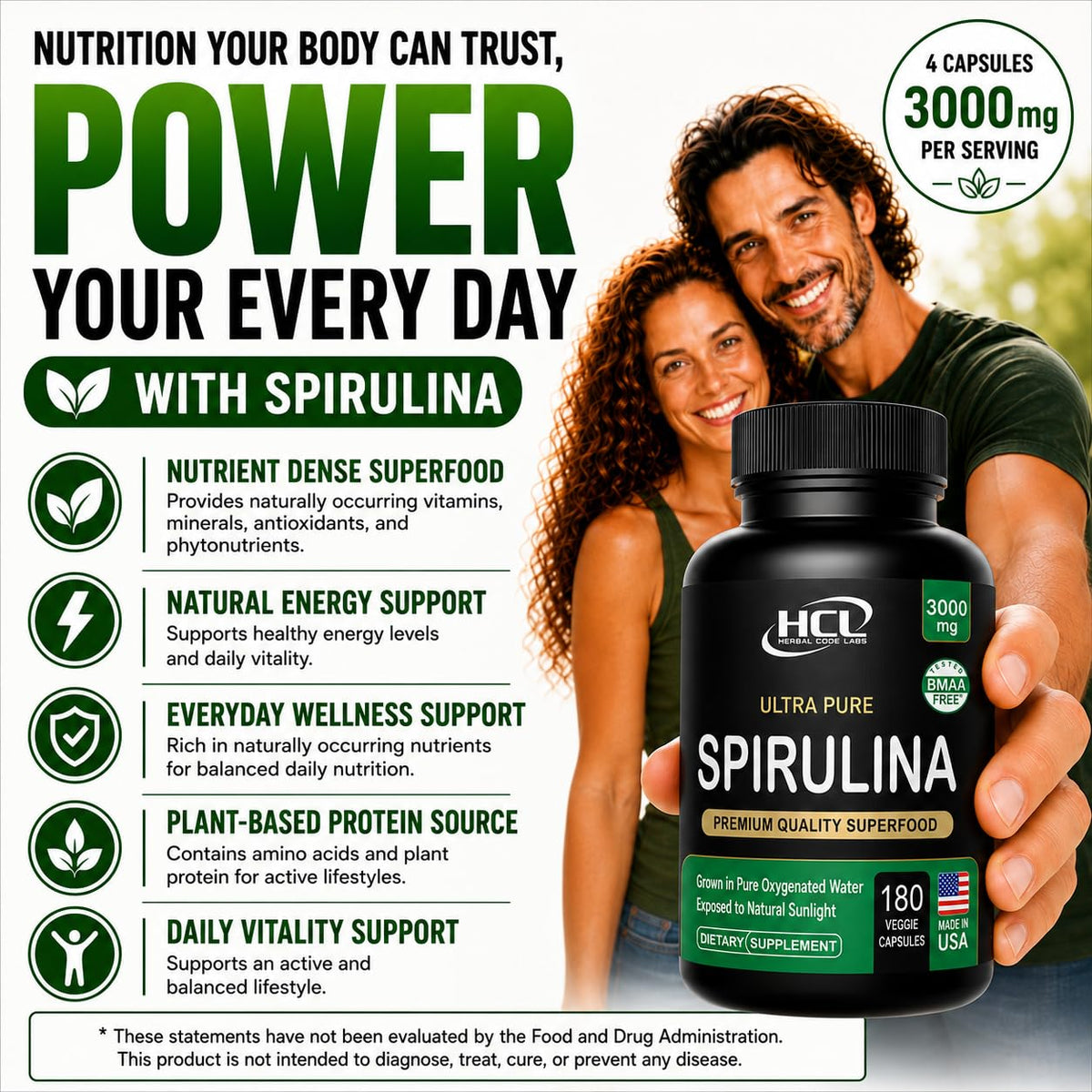 HCL HERBAL CODE LABS Spiruline en gélules 3000 mg vue de dessus