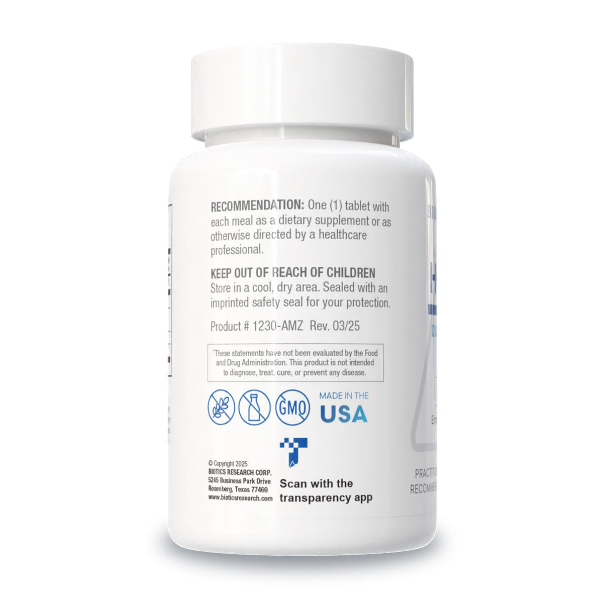 HCl Plus de BIOTICS RESEARCH, étiquette avec ingrédients