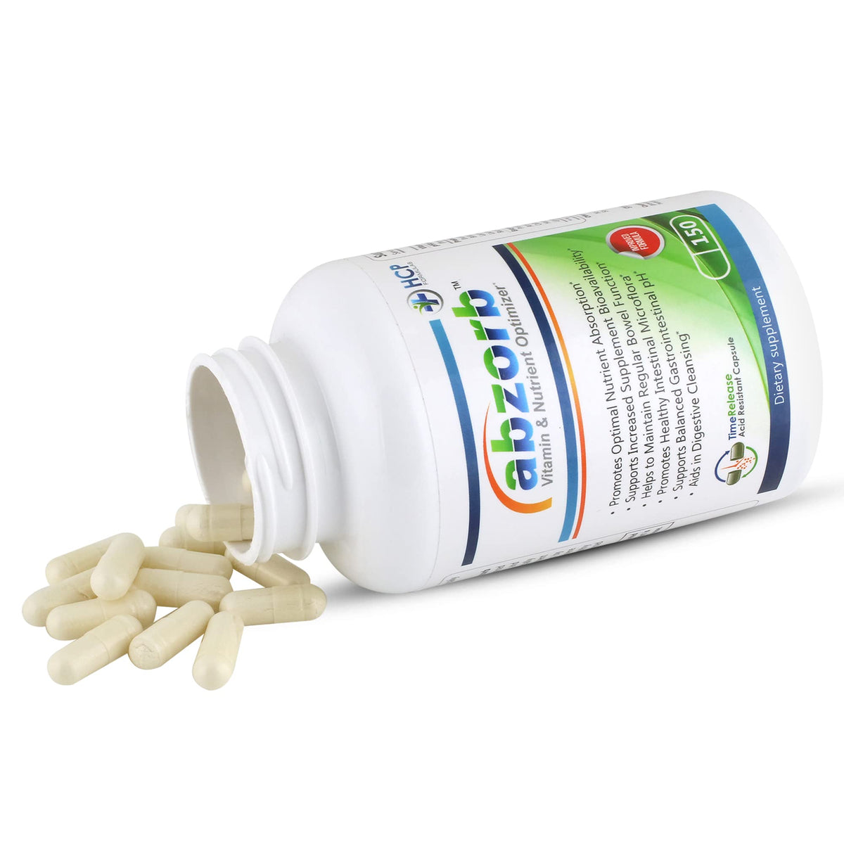 HCP Formulas Abzorb capsules ouvertes montrant leur taille