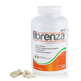 HCP Formulas Fibrenza 240 capsules près d'un verre d'eau