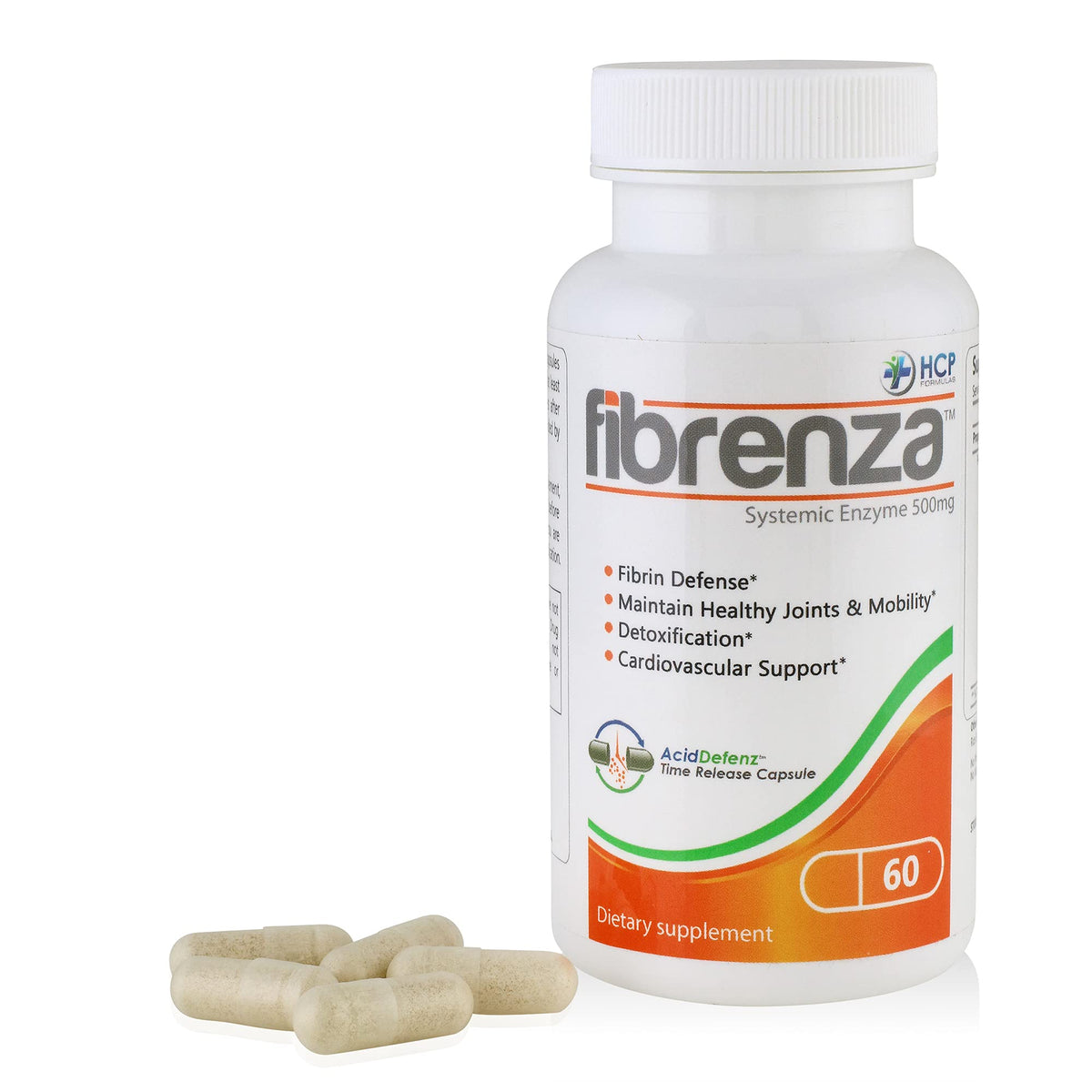 HCP Formulas Fibrenza gélules à côté d'un verre d'eau