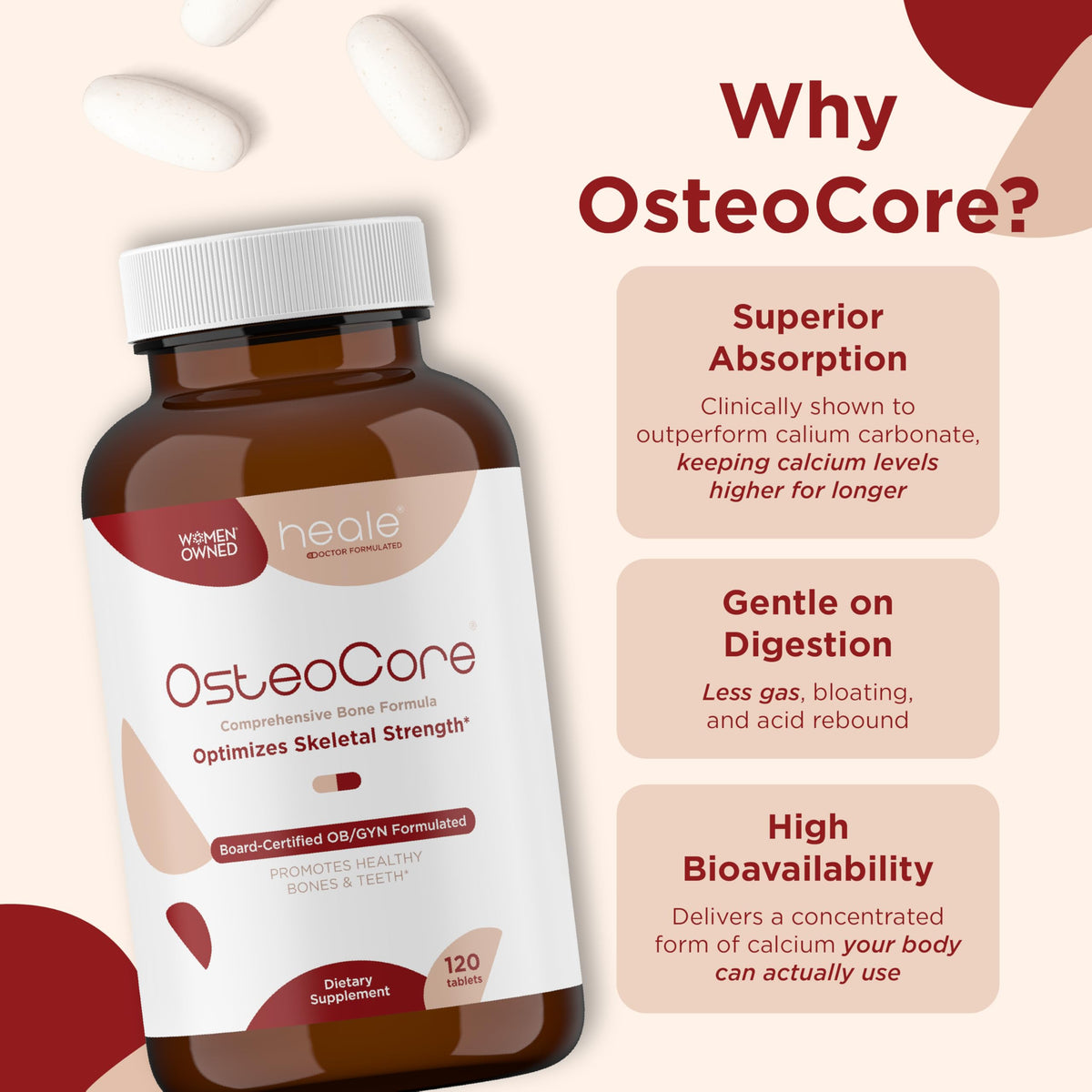 Heale OsteoCore comprimés dans une main féminine