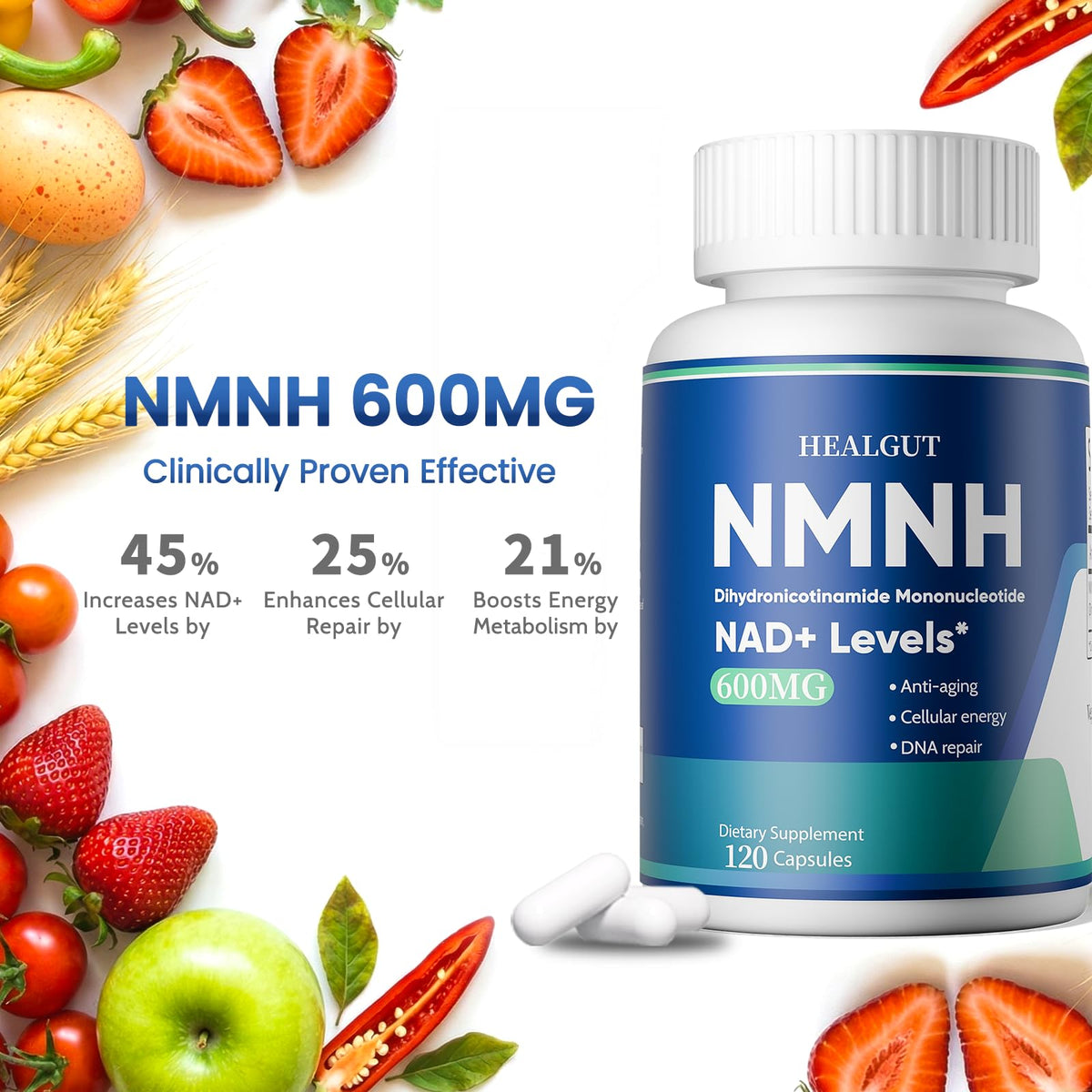 HEALGUT Liposomal NMNH 600mg capsules à côté d'un verre d'eau
