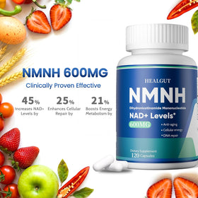 HEALGUT Liposomal NMNH 600mg capsules à côté d'un verre d'eau