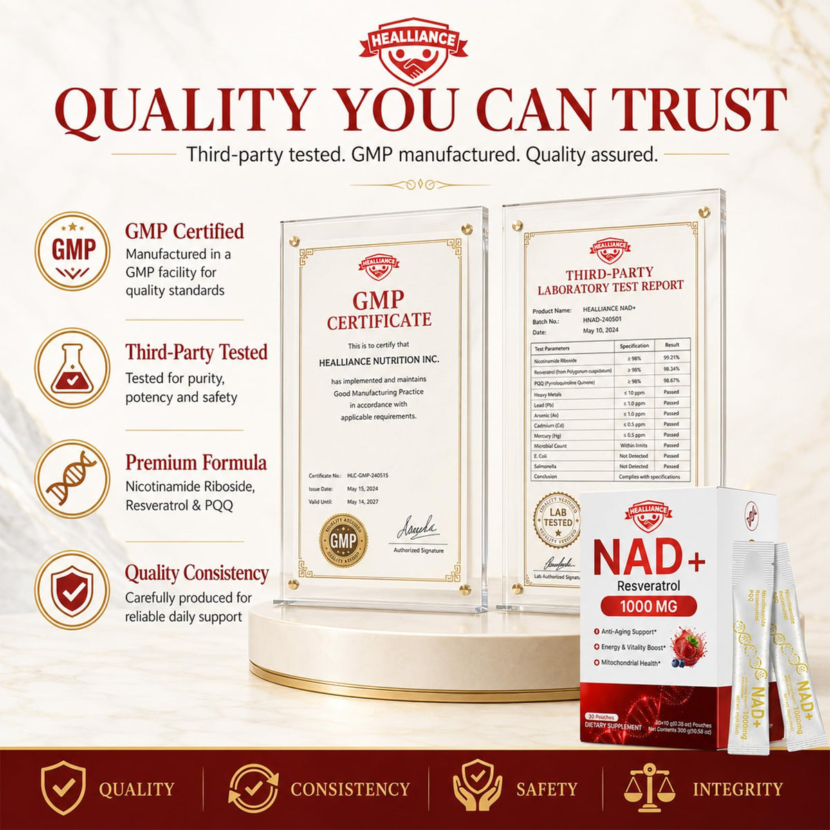 Healliance sachets de NAD 1000mg, présentation sur un comptoir