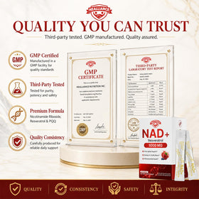 Healliance sachets de NAD 1000mg, présentation sur un comptoir