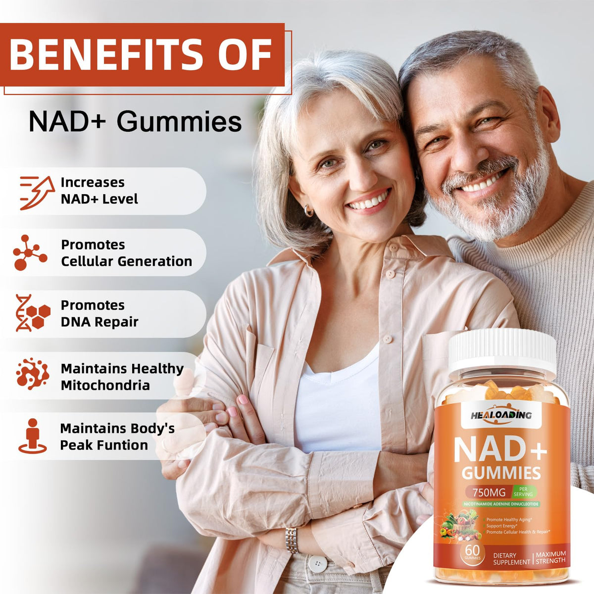 HEALOADING Gummies NAD+ 750mg ingrédients sur l'emballage