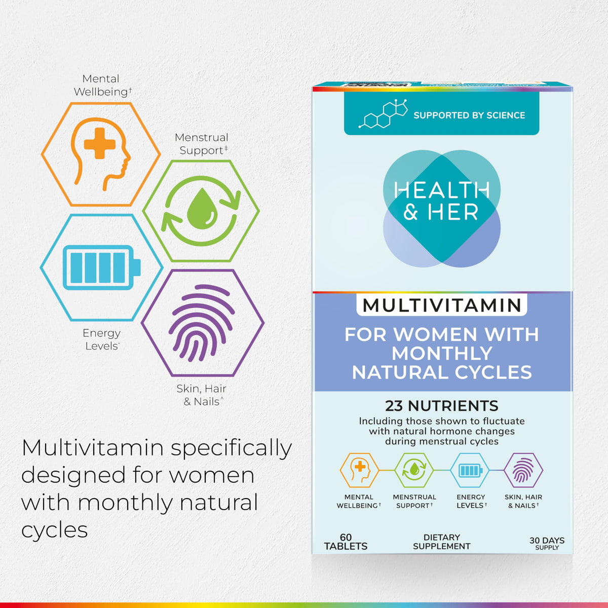 Health and Her Multivitamine Femme Vegan 30 Jours, capsules sur un fond blanc