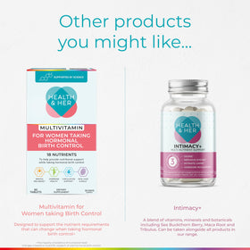 Health and Her Multivitamine Femme Vegan 30 Jours, mise en scène avec des fruits et légumes