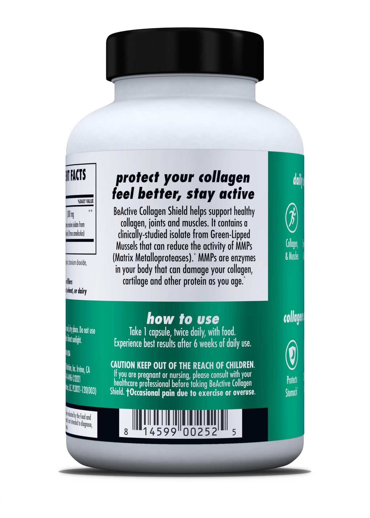 HEALTH DIRECT BeActive Collagen Shield 120 capsules, près d'un verre d'eau