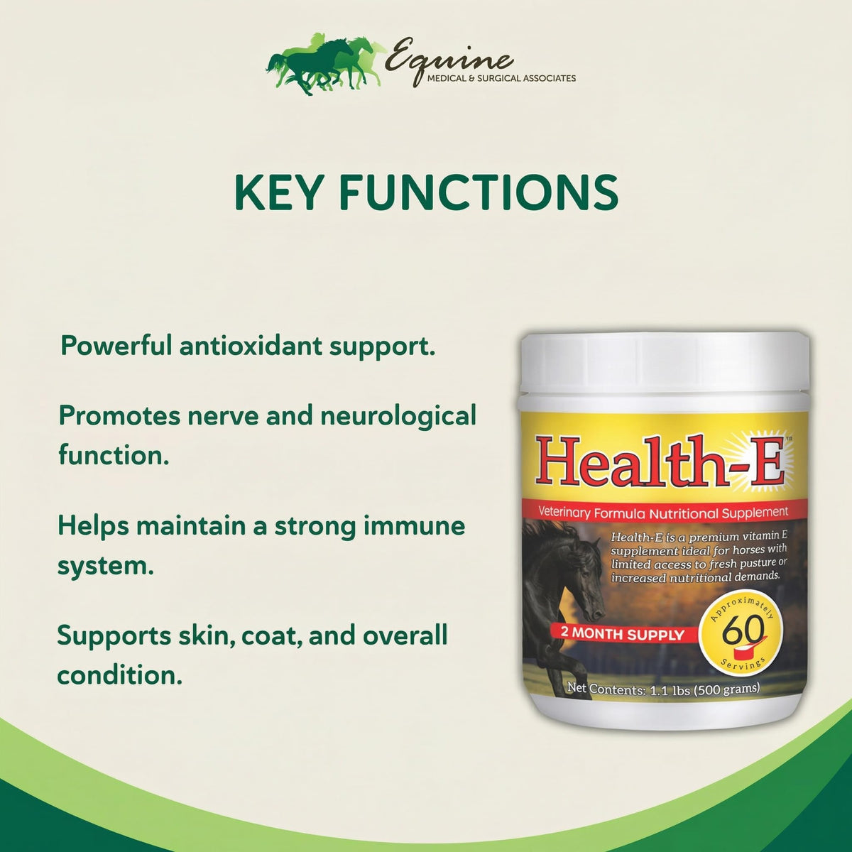 Health-E Complément Alimentaire Vitamine E pour Chevaux 608g étiquette