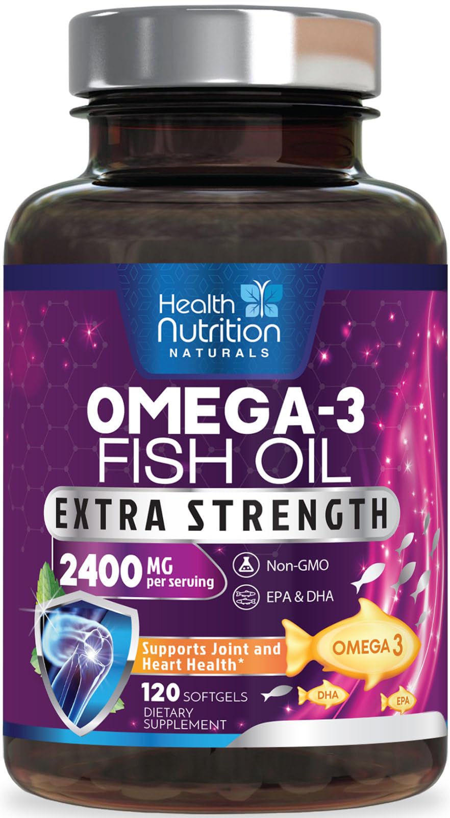 Health Nutrition Naturals Omega 3 Huile de Poisson 2400mg 120 Gélules vue de face