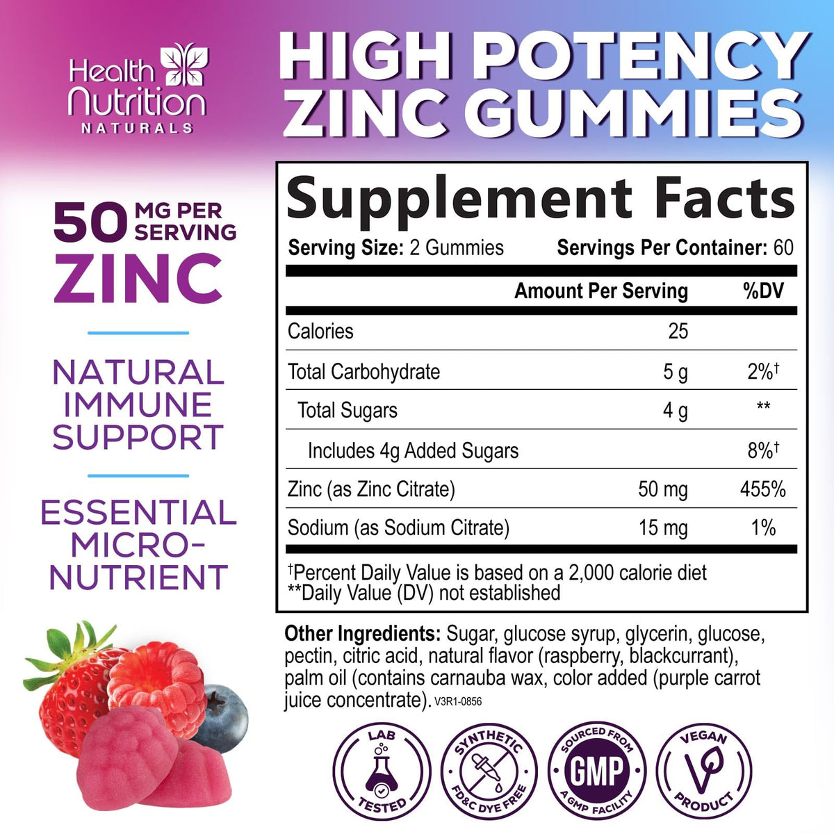 Health Nutrition Naturals Zinc Gummies 50mg bottle with gummies