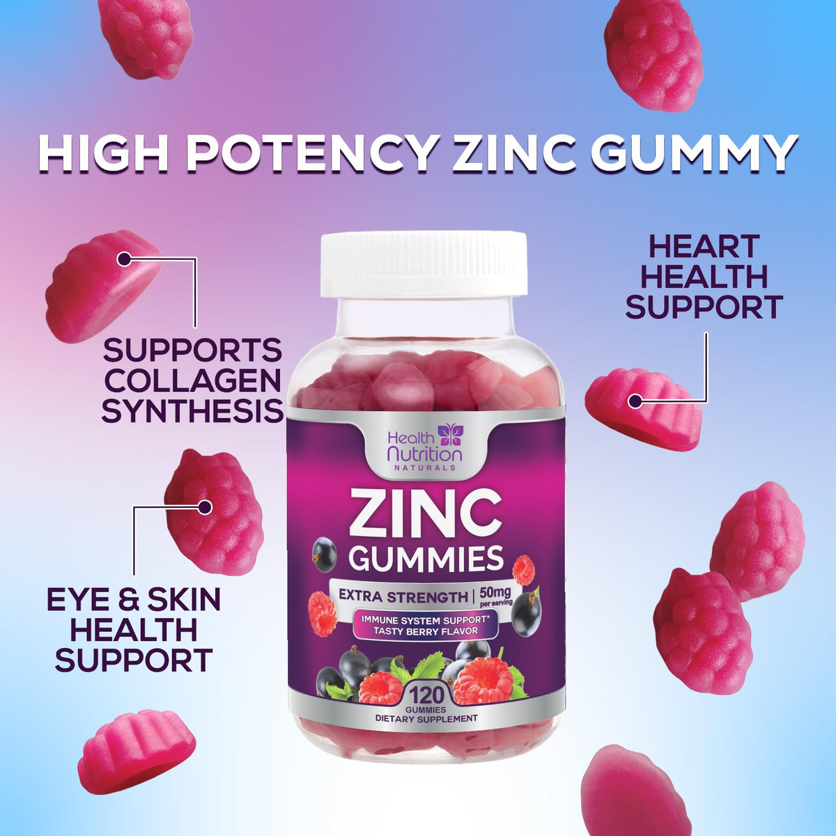 Health Nutrition Naturals Zinc Gummies 50mg with fresh berries