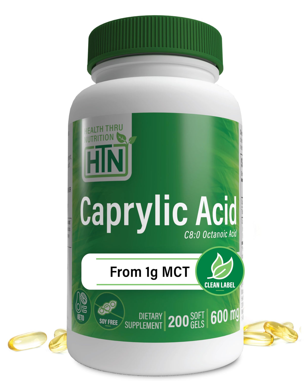 Health Thru Nutrition Acide Caprylique 600mg gélules, vue de face