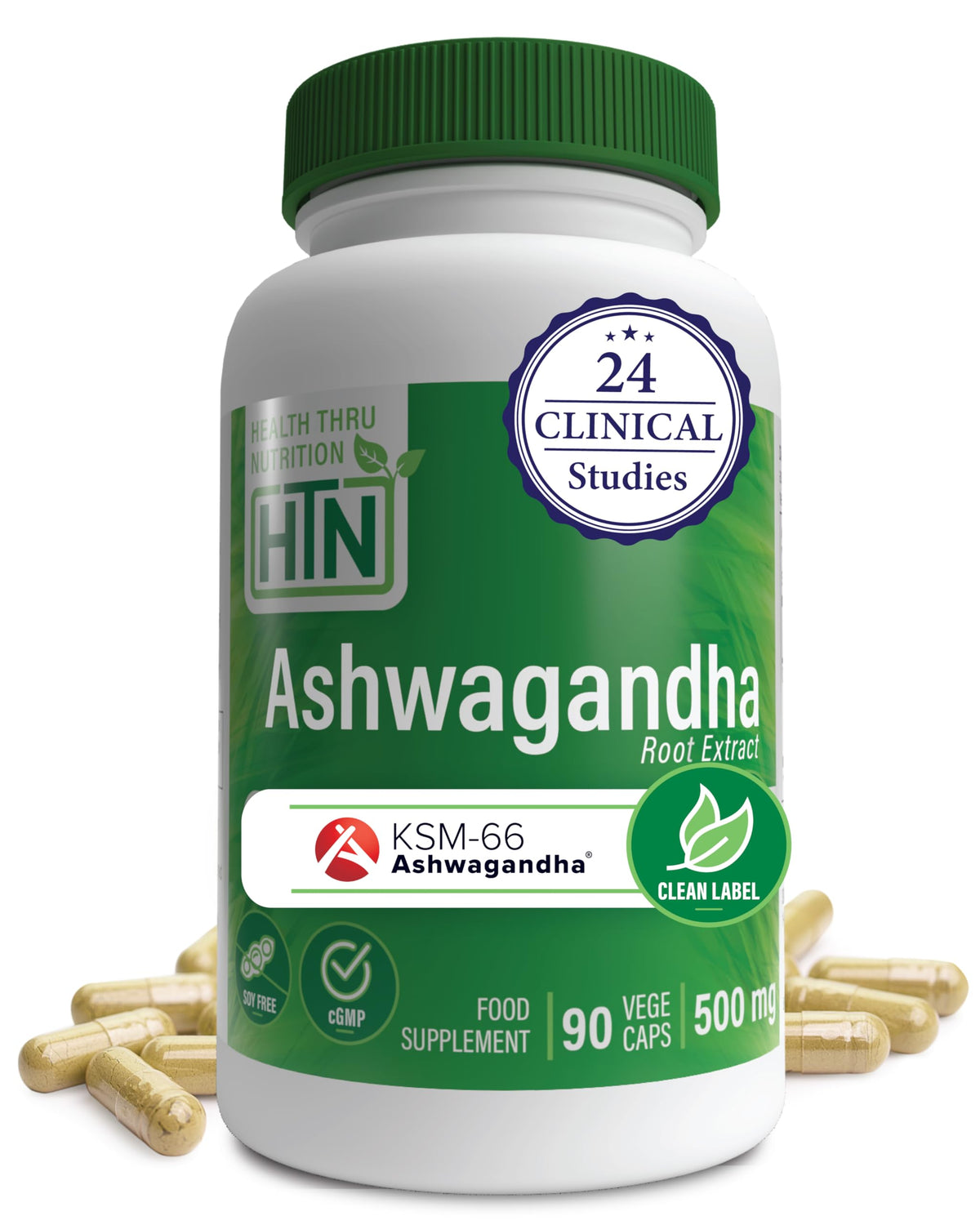 Health Thru Nutrition Ashwagandha 500mg KSM-66 capsules front view