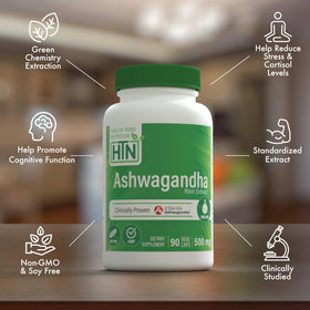 Health Thru Nutrition Ashwagandha 500mg KSM-66 capsules on a table