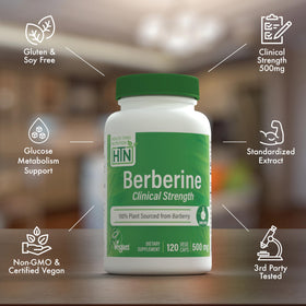 Health Thru Nutrition Berberine HCl 500mg bouteille ouverte avec capsules à l'intérieur