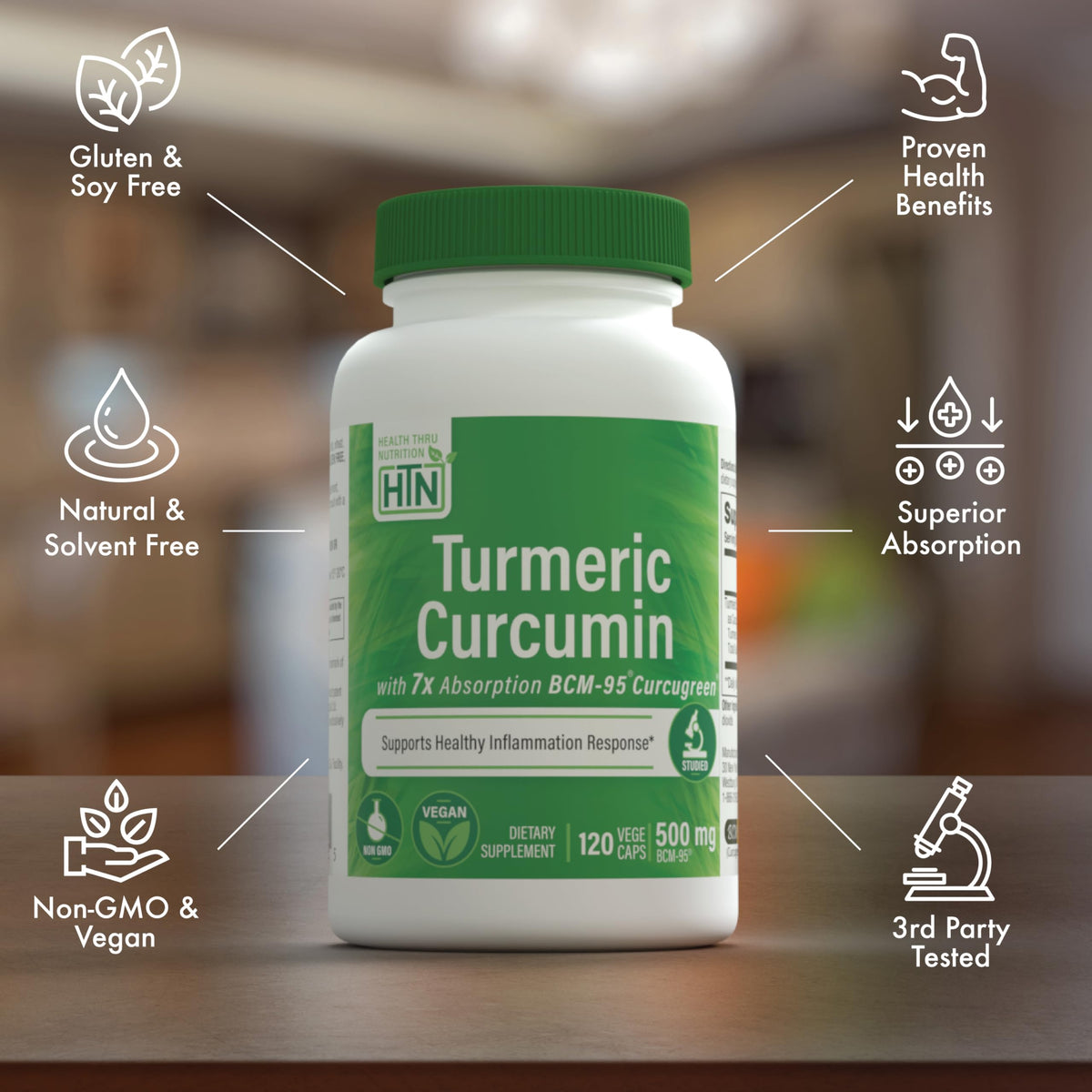 Health Thru Nutrition Curcuma Curcumin 500mg BCM-95 produit posé sur une surface