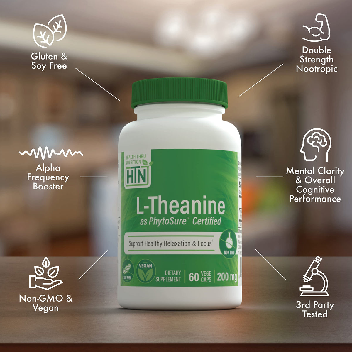 Health Thru Nutrition L-Theanine 200mg 60 Vegcaps arrière