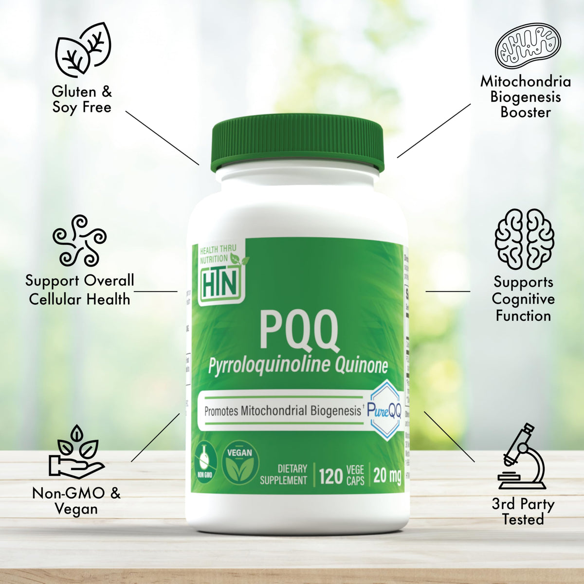 Health Thru Nutrition PQQ 20mg capsules sur fond blanc