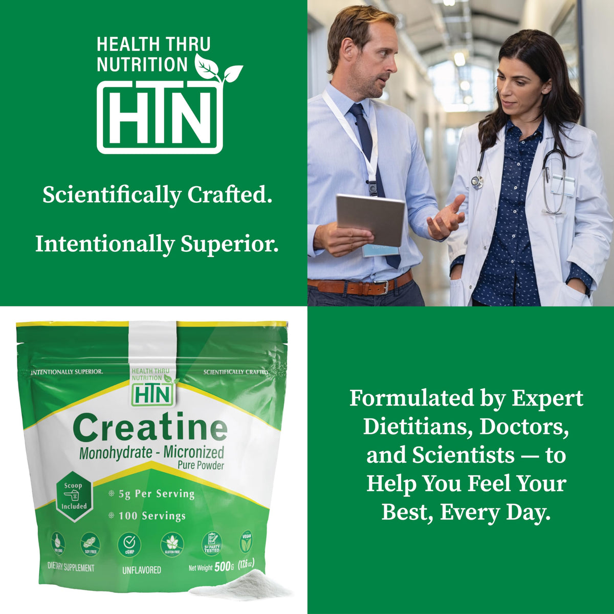 Health Thru Nutrition produit de créatine sur une table
