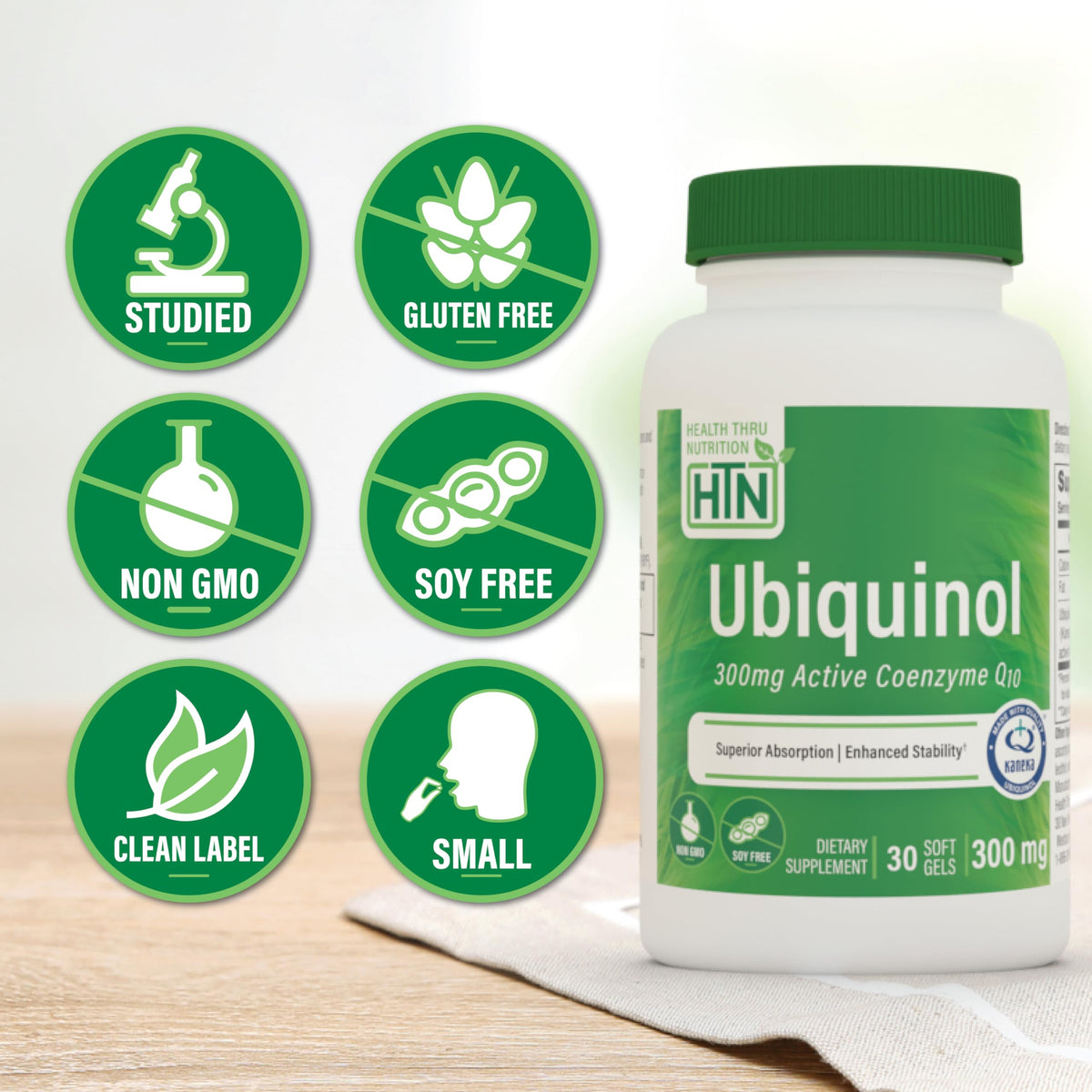 Health Thru Nutrition Ubiquinol 300mg gélules côté de l'emballage