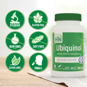 Health Thru Nutrition Ubiquinol 300mg gélules côté de l'emballage