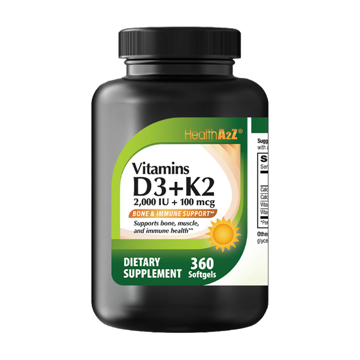HealthA2Z Vitamine D3 + K2 2000 UI 360 gélules vue avant