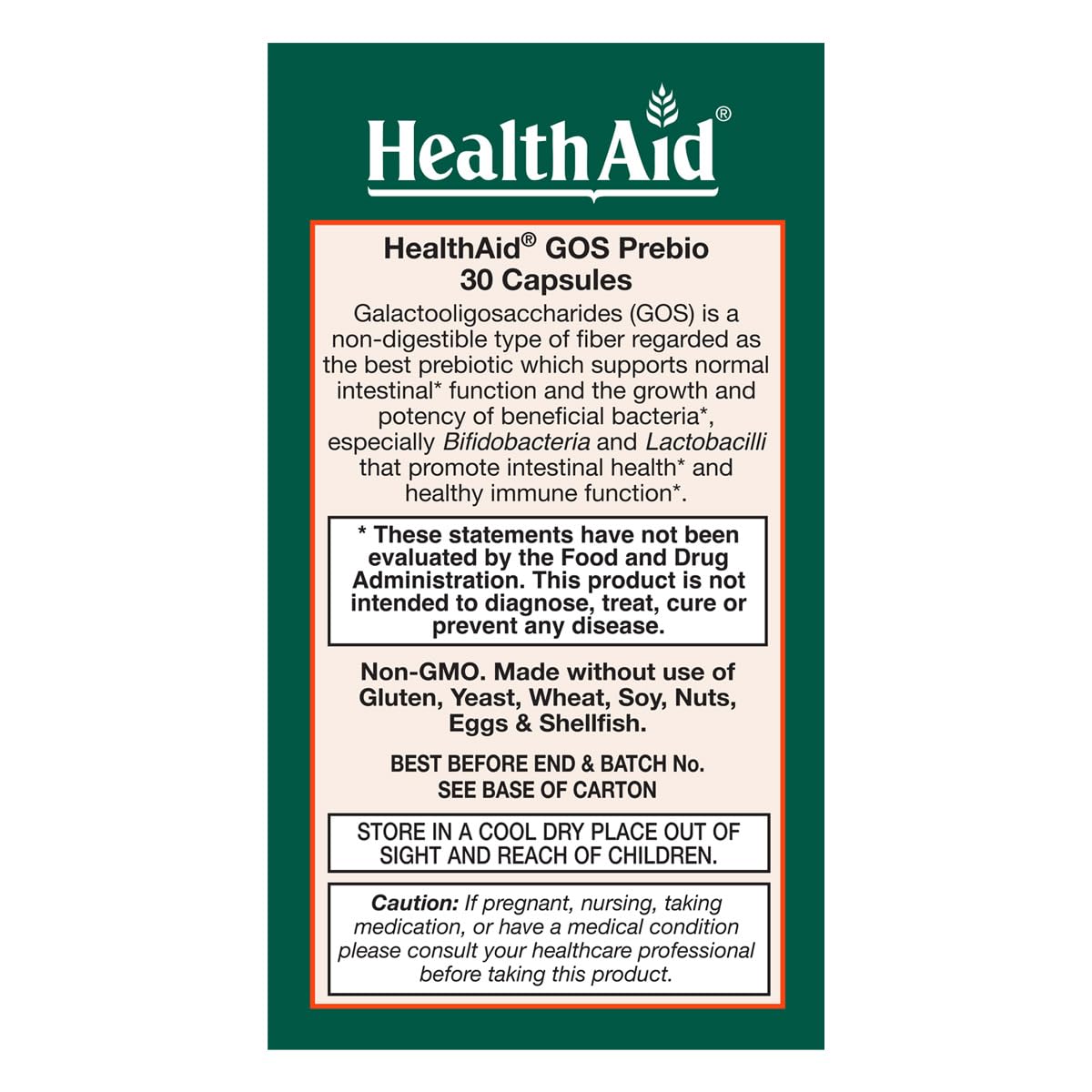 HealthAid GOSPrebio capsules végétariennes avec étiquette