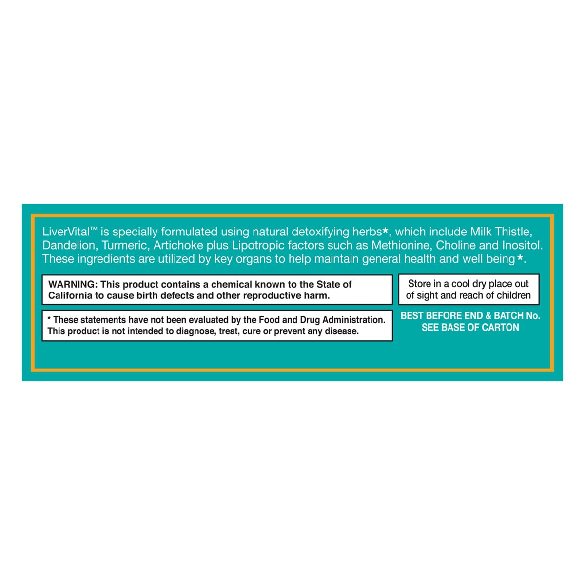 HealthAid LiverVital, emballage et informations nutritionnelles