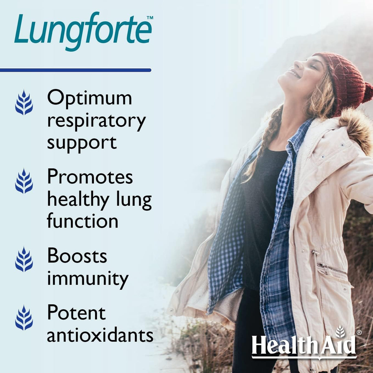HealthAid LungForte comprimés sur une surface blanche