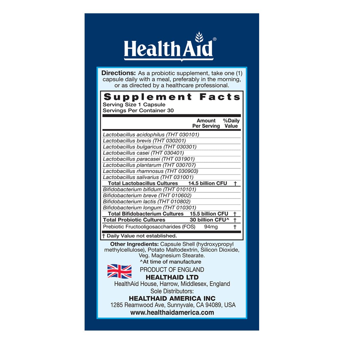 HealthAid SeniorProbio capsules avec étiquette détaillée