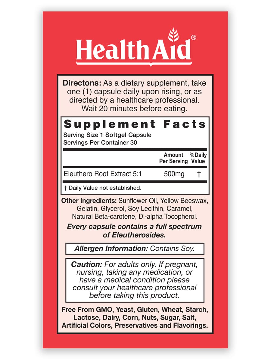 HealthAid Sibergin Éleuthérocoque capsules molles sur fond blanc